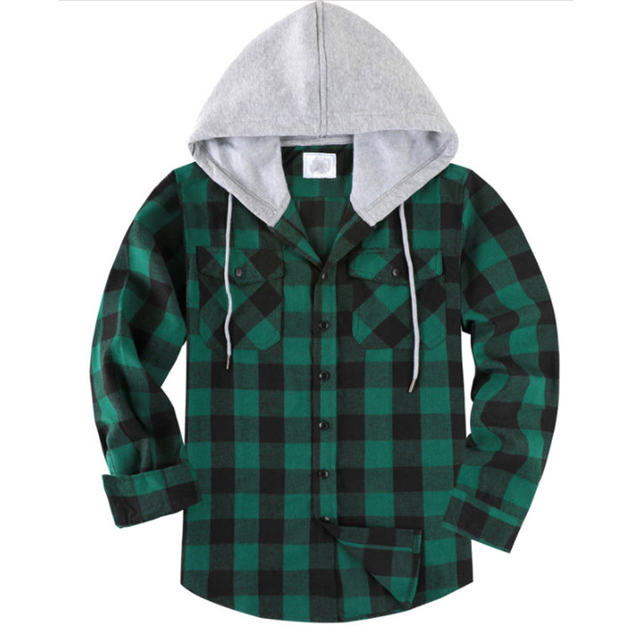 Hooded Plaid Long Sleeve Button Shirt