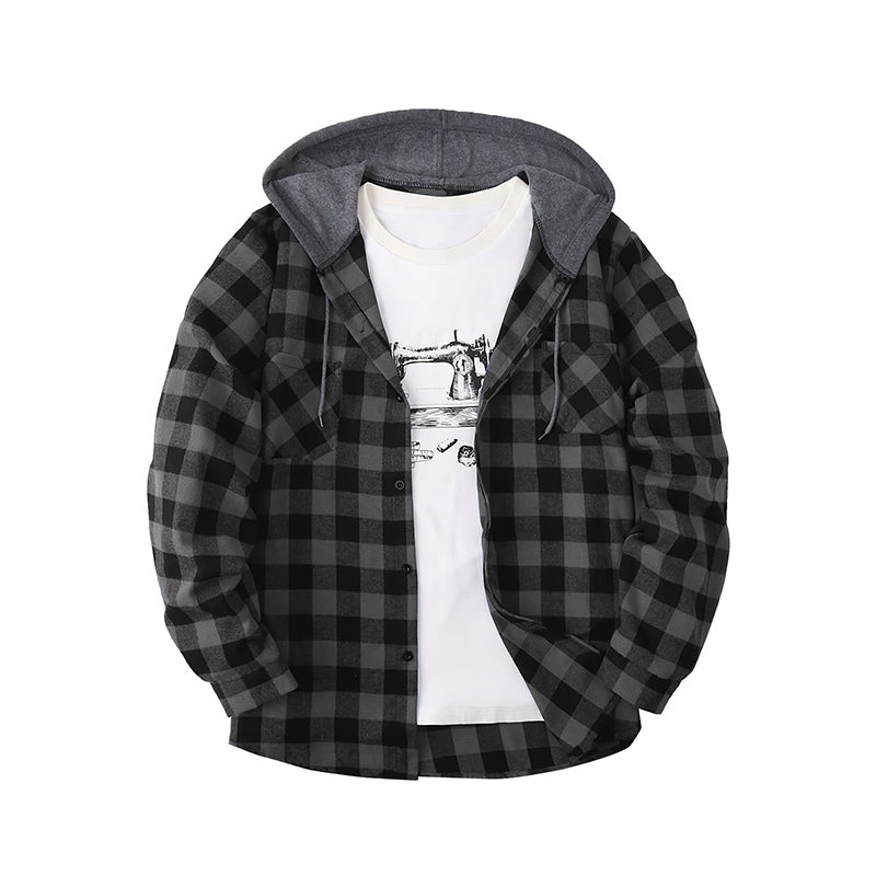Hooded Plaid Button Down Flannel Shirt