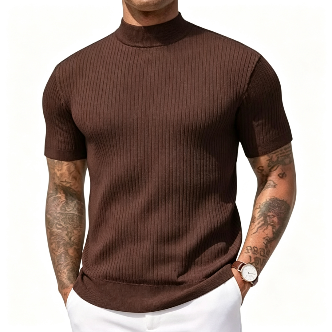 Mock Neck Short Sleeve Ribbed Knit Shirt
