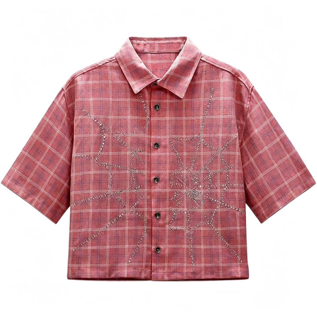 Spider Print Plaid Short Sleeve Button Shirt