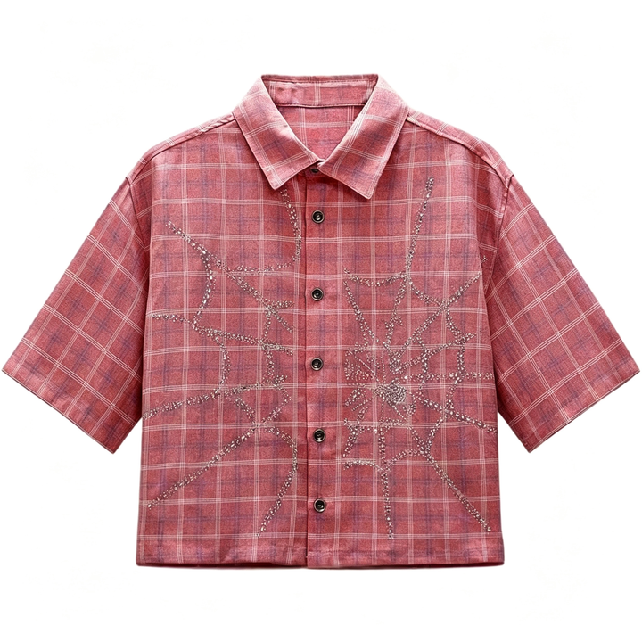 Spider Print Plaid Short Sleeve Button Shirt