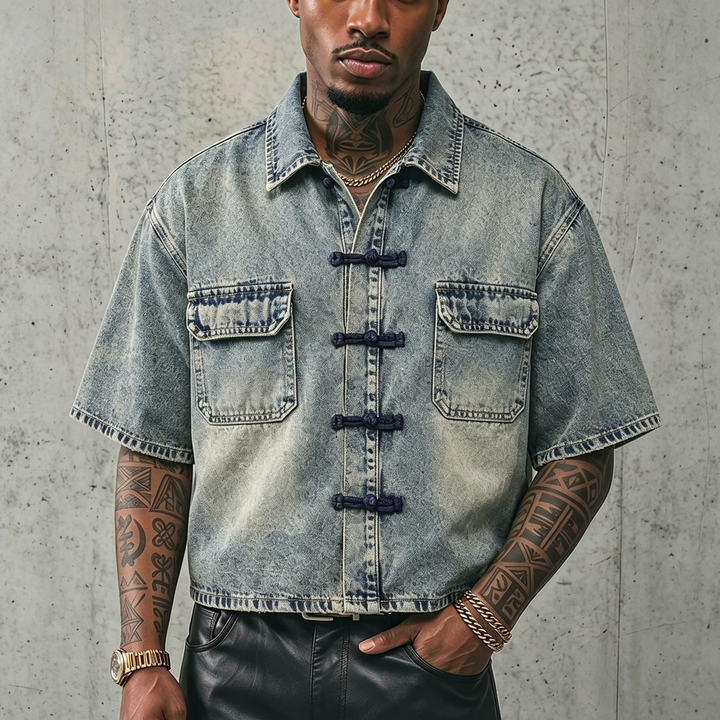 Frog Button Cropped Denim Short Sleeve Shirt
