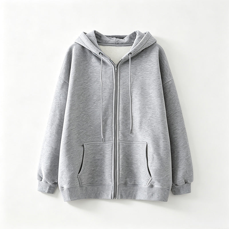 Loose-fit hooded zip-up jacket