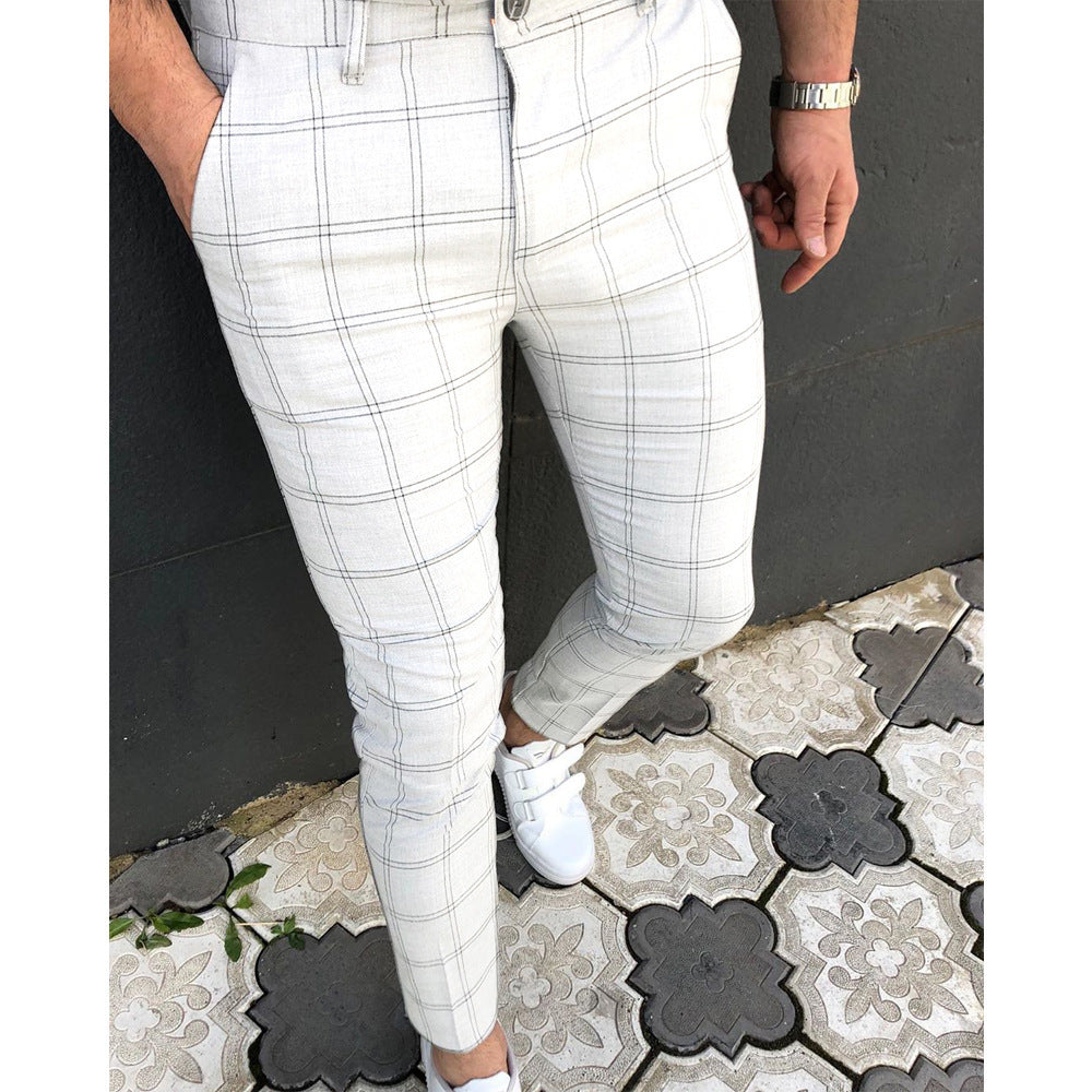 Men's Casual Trousers with Double-Stripe Plaid Print