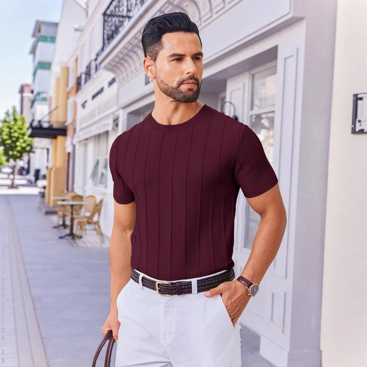 Summer Men Ribbed Knit Short Sleeve Top