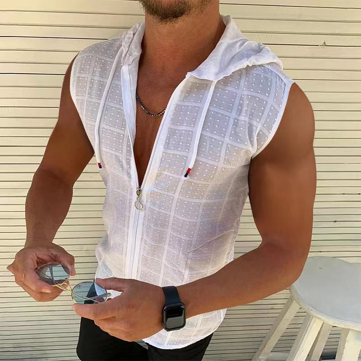 Casual Men Sleeveless Zip Hood Shirt