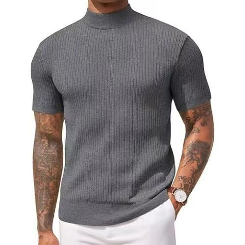 Mock Neck Short Sleeve Ribbed Knit Shirt