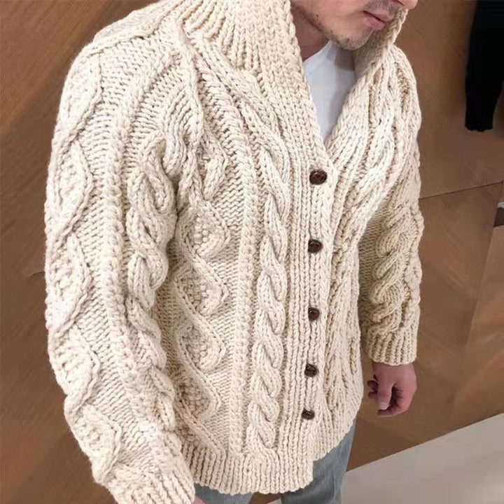Stand Collar Cable Knit Button Cardigan