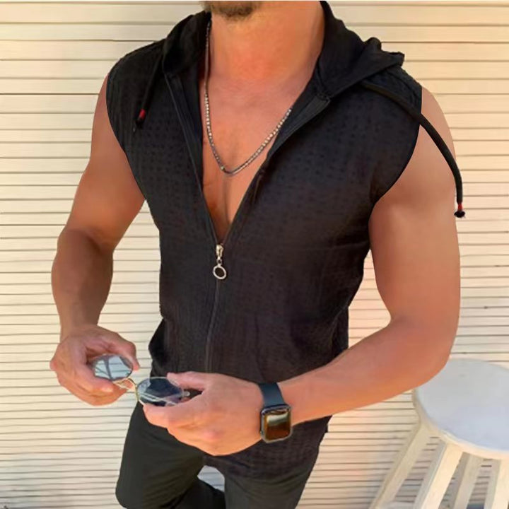 Casual Men Sleeveless Zip Hood Shirt