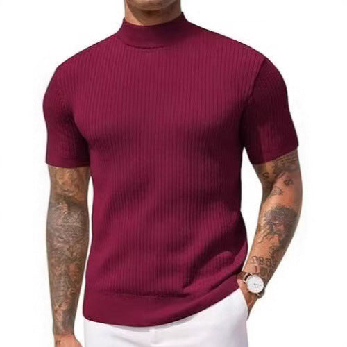 Mock Neck Short Sleeve Ribbed Knit Shirt