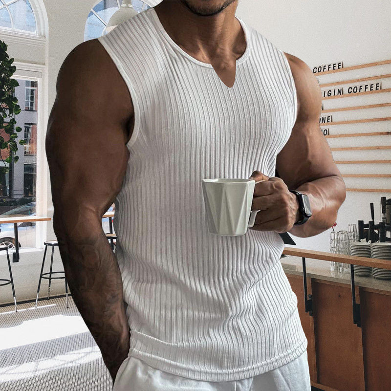 Vertical-striped wide-shoulder sports tank top