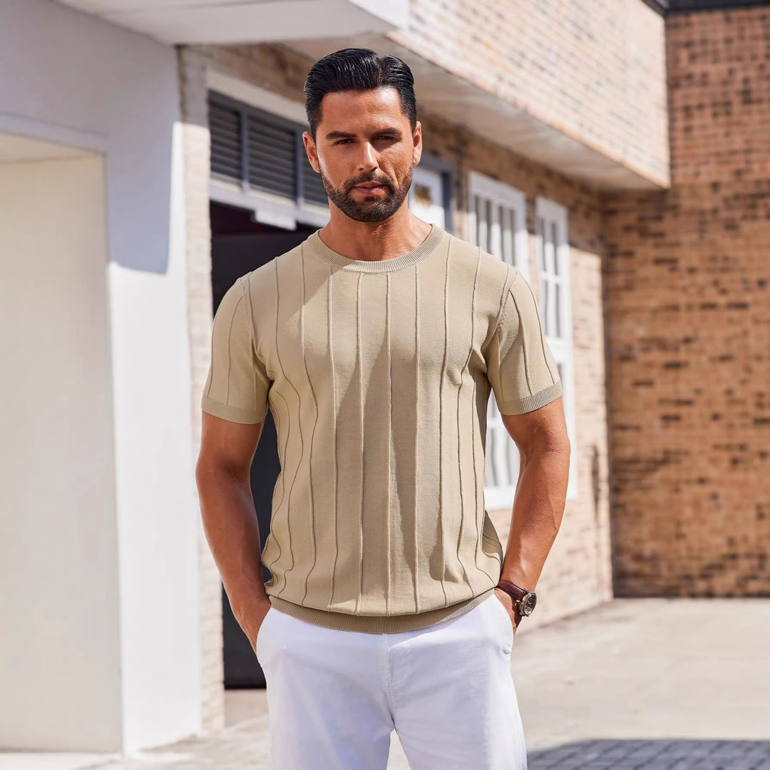 Summer Men Ribbed Knit Short Sleeve Top