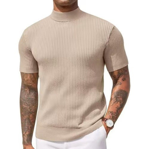Mock Neck Short Sleeve Ribbed Knit Shirt