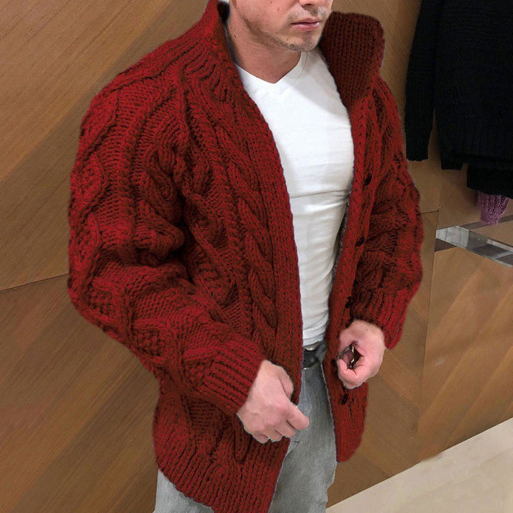 Stand Collar Cable Knit Button Cardigan