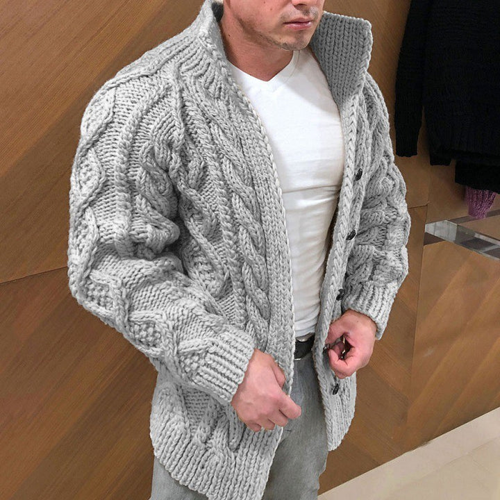 Stand Collar Cable Knit Button Cardigan
