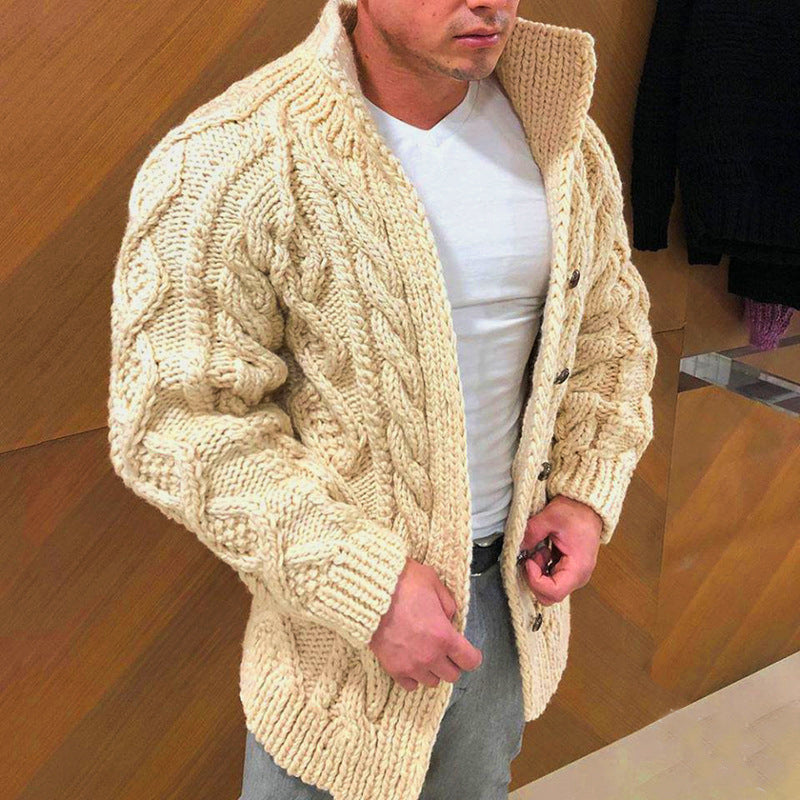 Stand Collar Cable Knit Button Cardigan