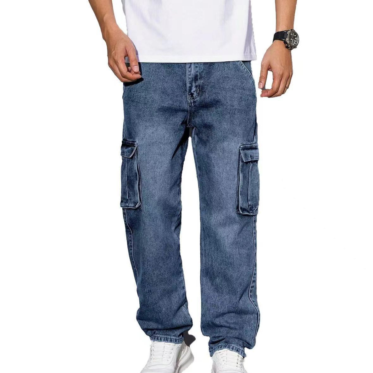 Men Solid Multi-Pocket Mid Waist Cargo Jeans