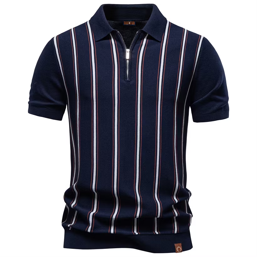 Men's Striped Zip-Up Knit Polo Shirt