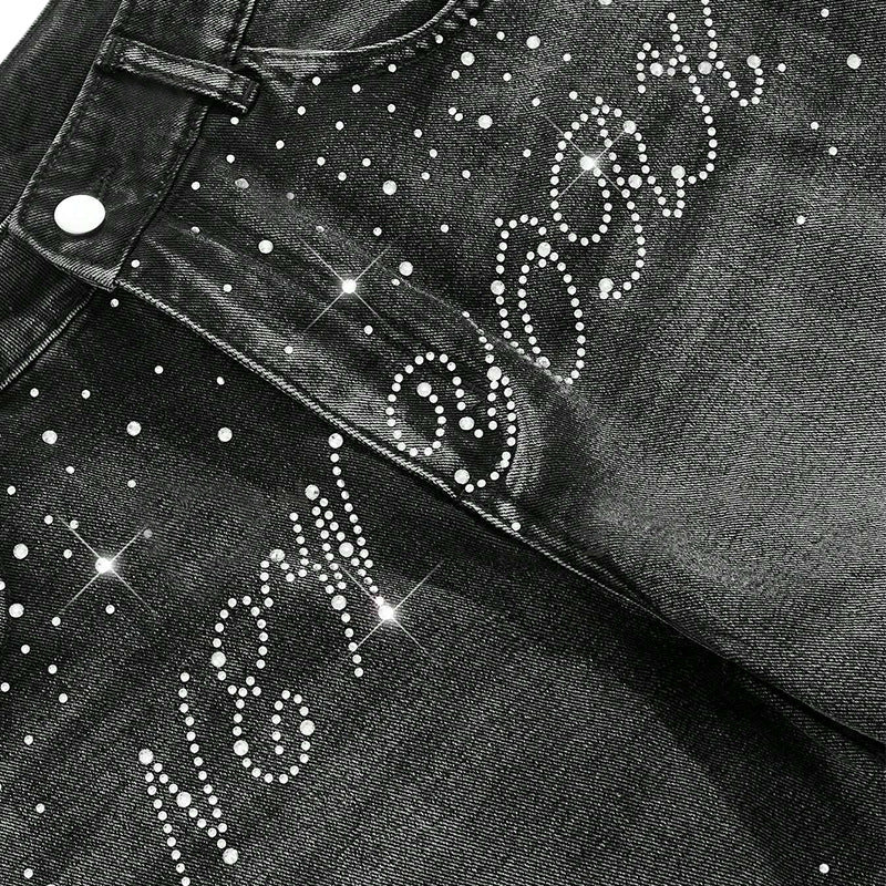 Men's Rhinestone Letter Print Denim Shorts