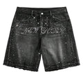 Men's Rhinestone Letter Print Denim Shorts