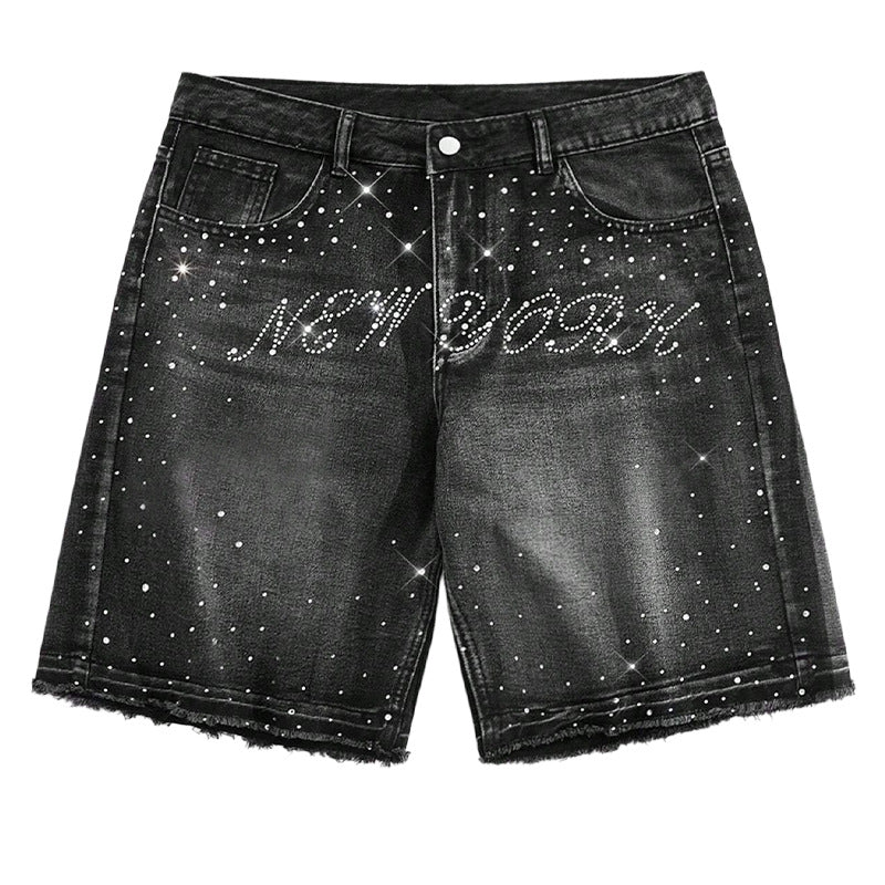 Men's Rhinestone Letter Print Denim Shorts